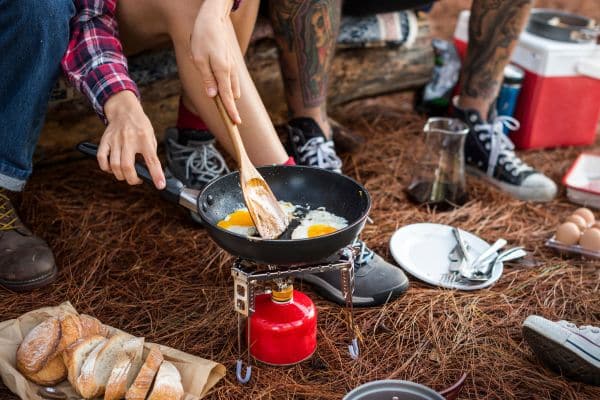 Making breakfast solo camping