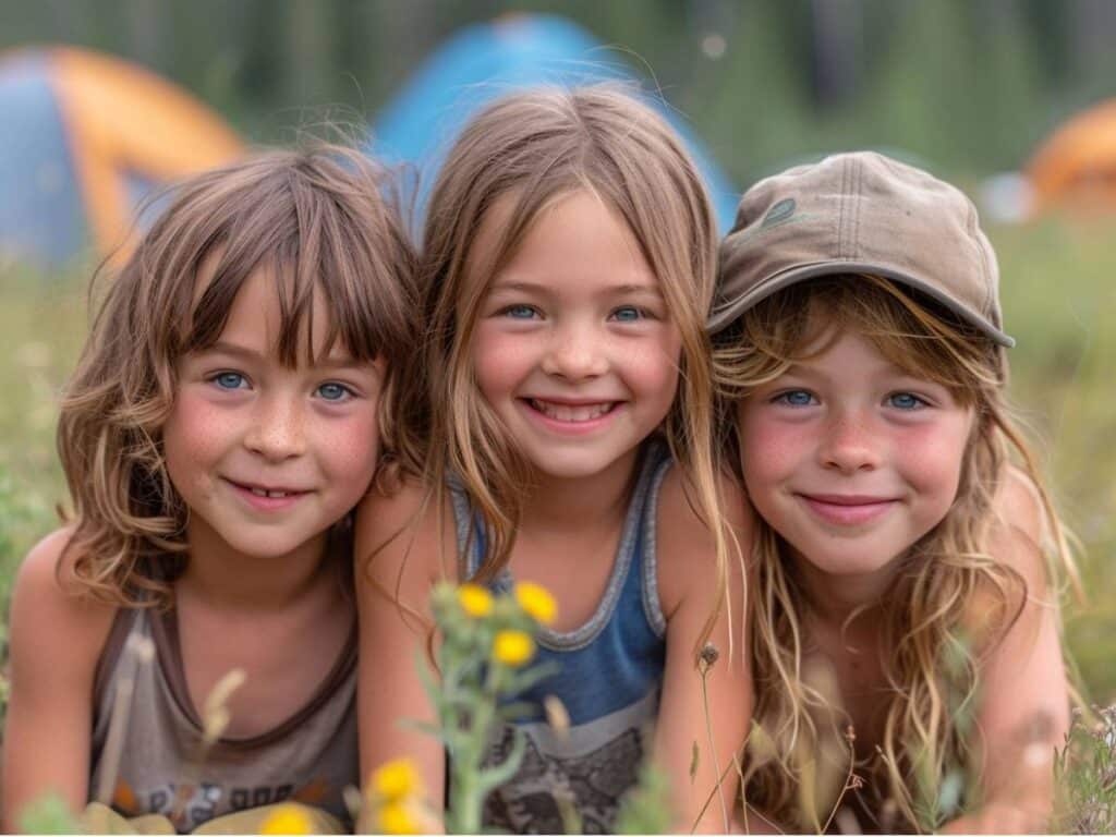 Three children with joyful expressions, two girls and a boy, sitting closely together in a grassy field at a campsite with tents in the background