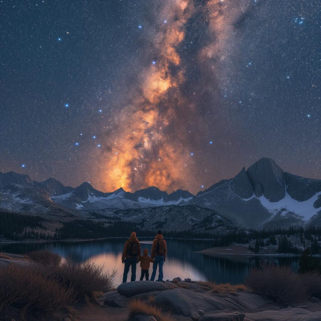 "Night hiking adventure captured as a family of three stands by a mountain lake, gazing at the Milky Way. The breathtaking scene showcases the essence of night hiking, with a star-studded sky reflecting on the still water, and the silhouettes of the hikers adding a human element to the wild, natural beauty.